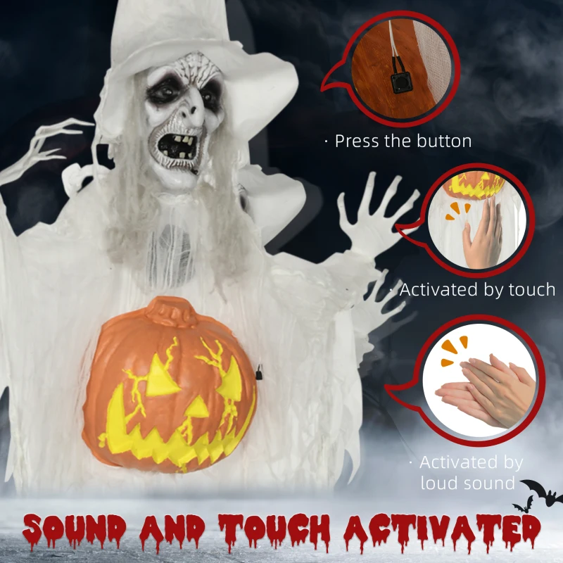 HOMCOM 6ft Outdoor Halloween Decoration Witch with Pumpkin, Hanging Skeleton Witch Prop Life Size with Sound and Motion Activated, Light Up Eyes, Laughing Sound, Posable Arms, White