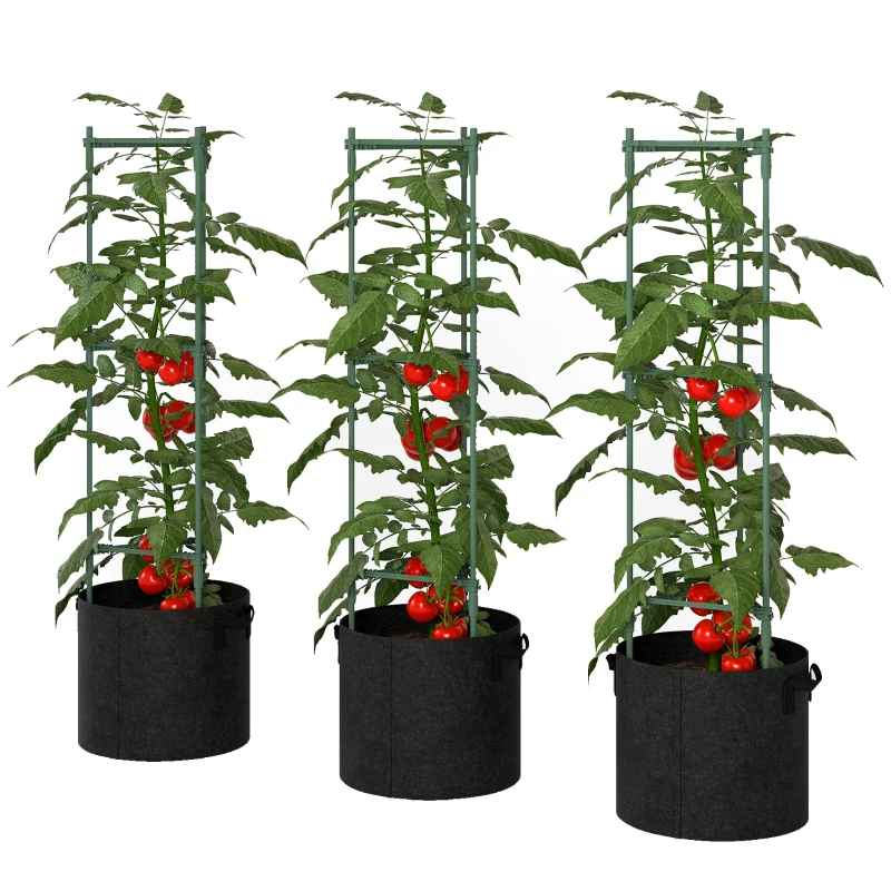 Outsunny Hoogbed met rankrek 83,7 liter zakken 3-delige set driehoekige plantenbak tomatensteun 35 x 35 x 120 cm