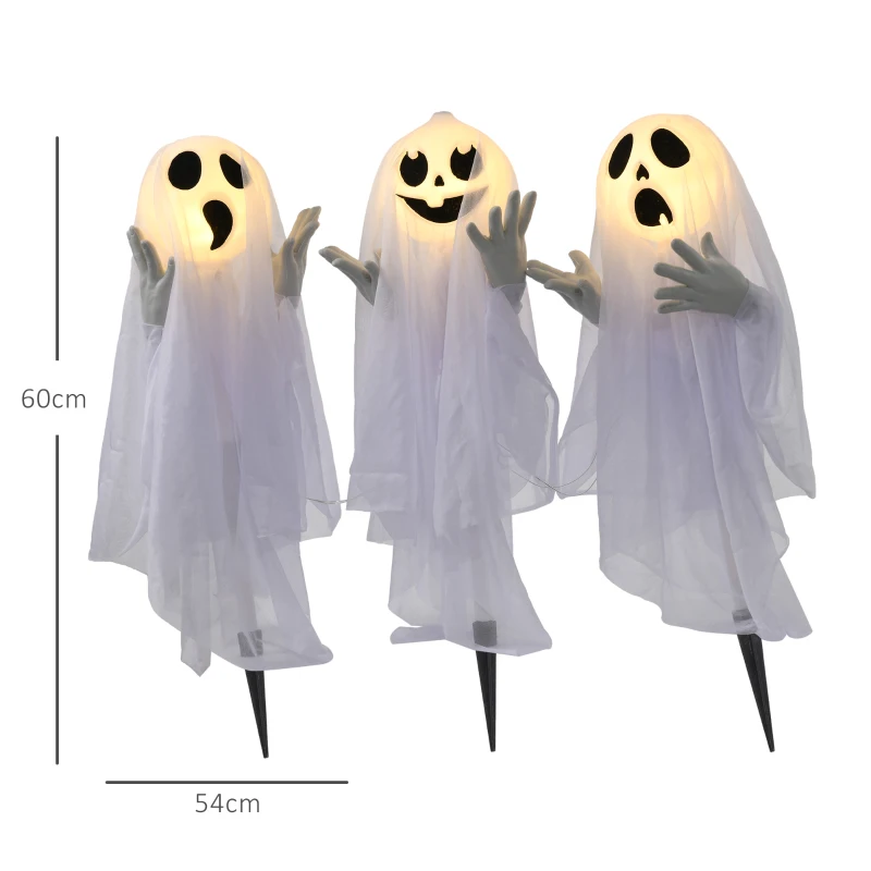 HOMCOM Halloween Decoratie, 3 Lichtgevende Spoken, bewegingssensor, 54 x 10 x 60 cm, Wit