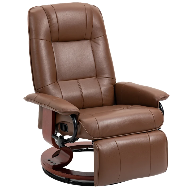 HOMCOM Relaxfauteuil met Voetensteun, 145° Verstelbare Rugleuning, 360° Draaibaar, Kunstleer, Houten Onderstel, tot 120 kg, Bruin(m-10)