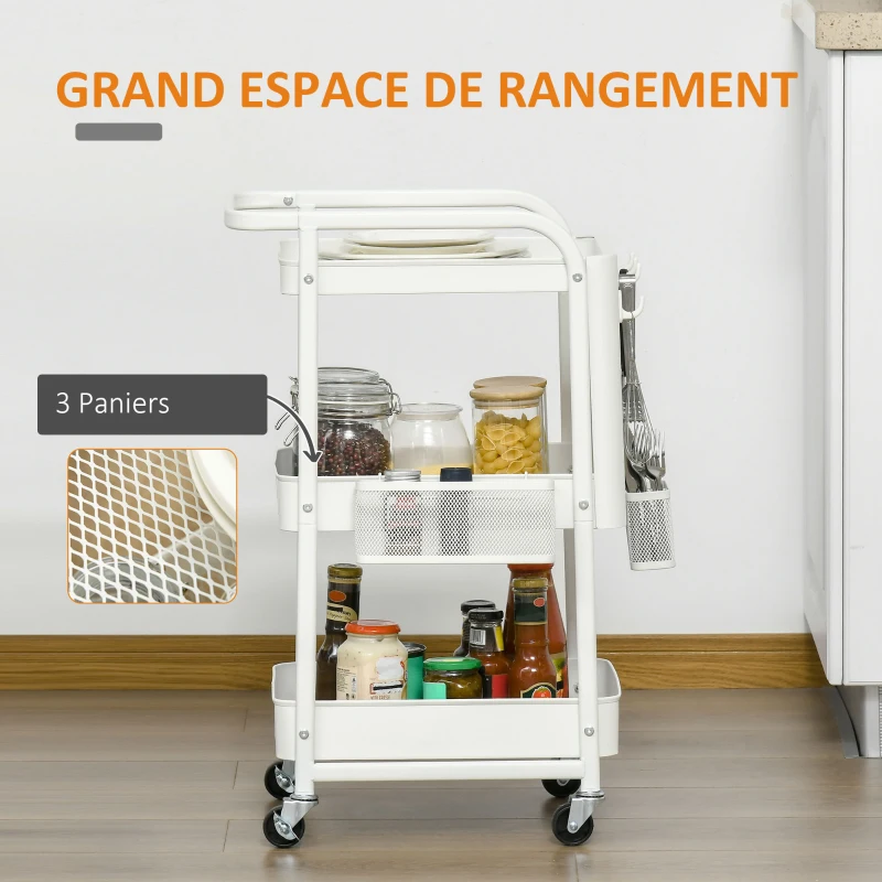 HOMCOM Desserte chariot de rangement en métal chariot de service à roulettes 3 niveaux avec 2 range-couverts 4 crochets