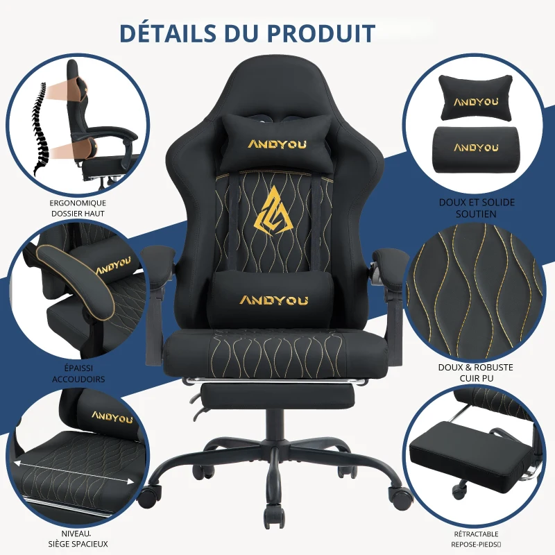 Fauteuil gaming avec repose-pieds, coussin doux pour la nuque et les lombaires, coussin de soutien amovible, 60x60x122 cm, Noir