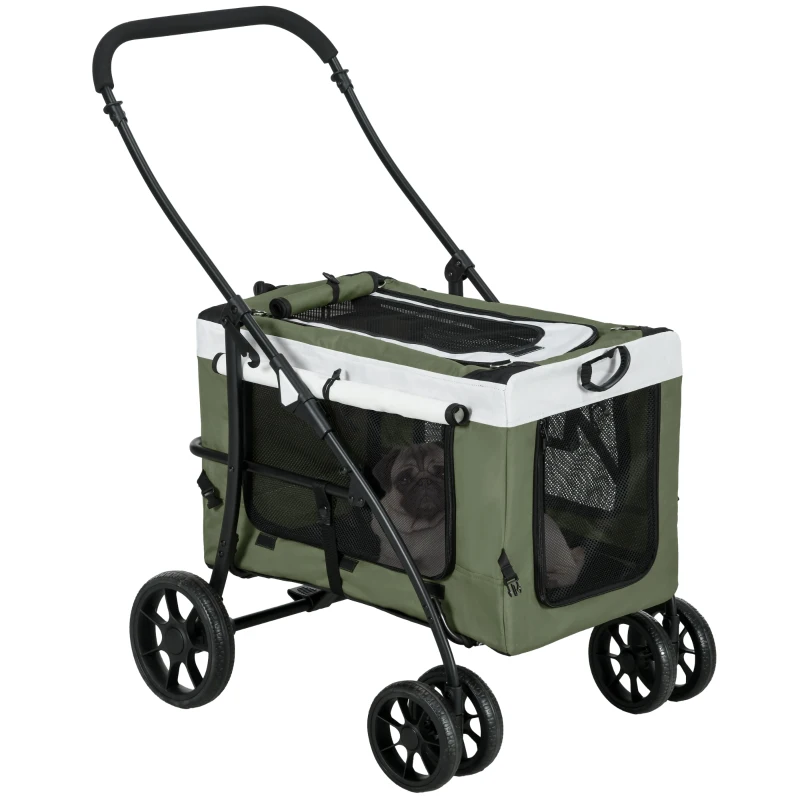 PawHut Huisdierenbuggy voor Honden en Katten, Opvouwbaar, Afneembare Mand, 81 x 58 x 97,5 cm, Zwart+Donkergroen+Wit