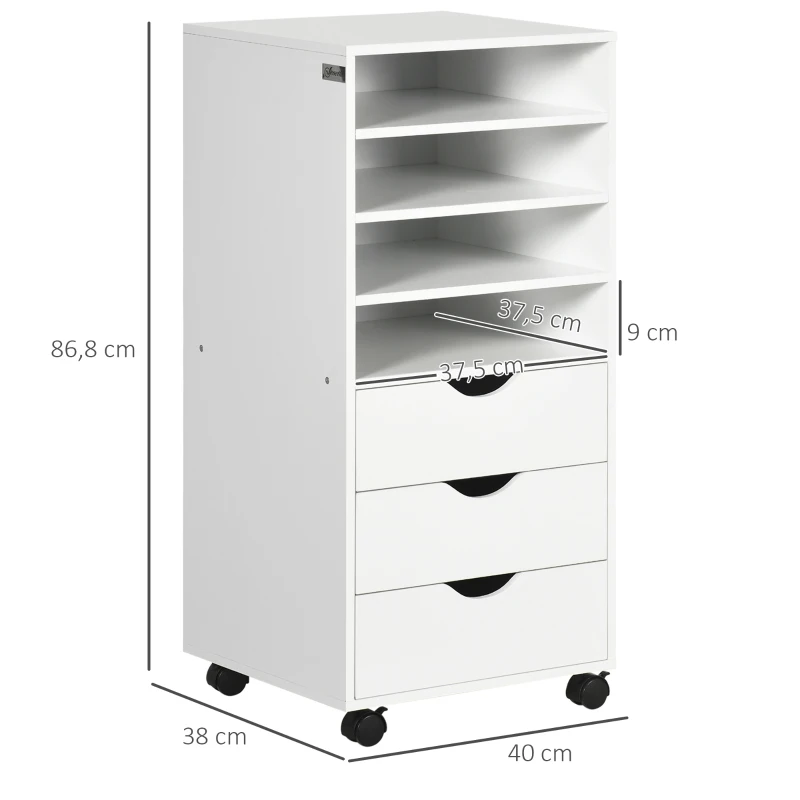 Vinsetto Cajonera de Oficina con 3 Cajones y 4 Estantes Abiertos Cajonera Escritorio con Ruedas para Oficina 38x40x86,8 cm Blanco