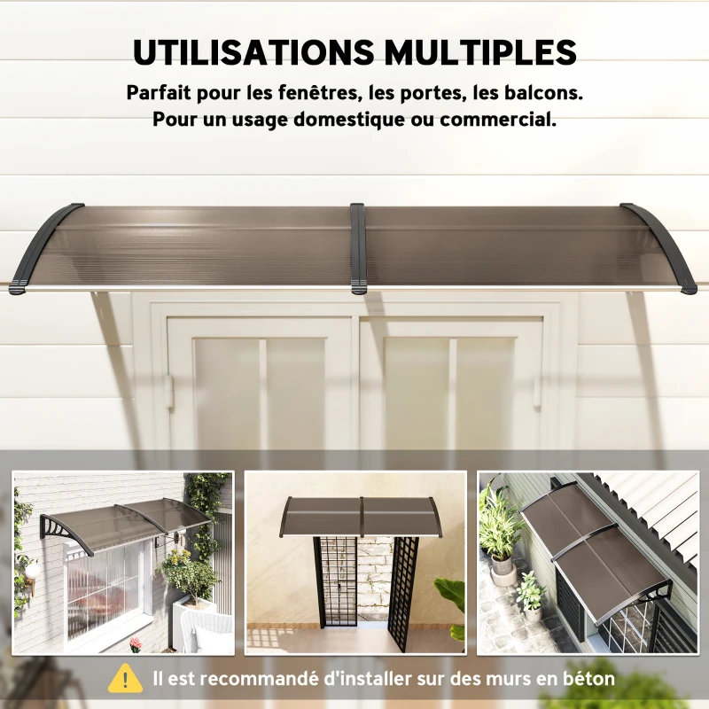 Outsunny Auvent de porte d'entrée, toit marquise de porte exterieur en polycarbonate et profil aluminium résistante toit abri protection contre la pluie et UV pour terrasse, balcon, 195x75cm, marron