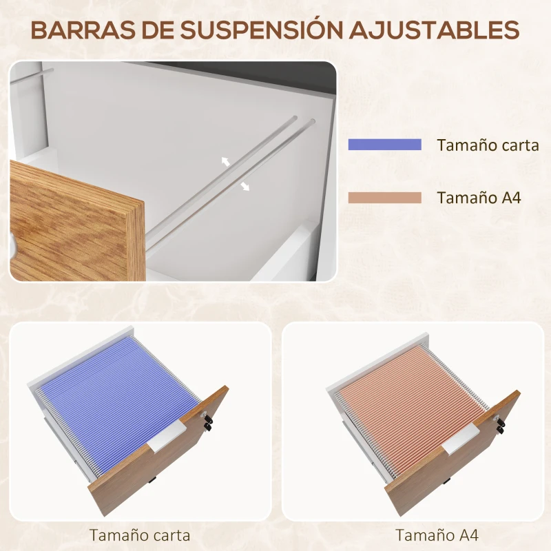 HOMCOM Mueble Archivador con Ruedas 2 Cajones Barra Colgante para Carpetas A4 y Carta Cerradura 42x40x60 cm Blanco y Natural