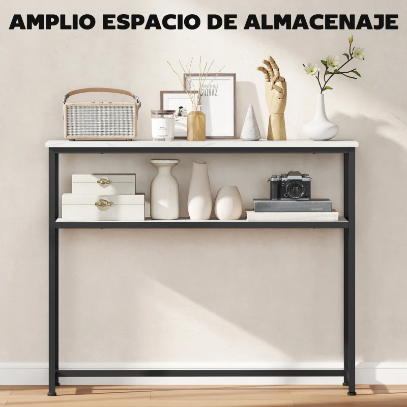 HOMCOM Consola Recibidor Estrecha con Superficie con Efecto Mármol Estante Abierto y Marco de Metal 100x30x81 cm Blanco