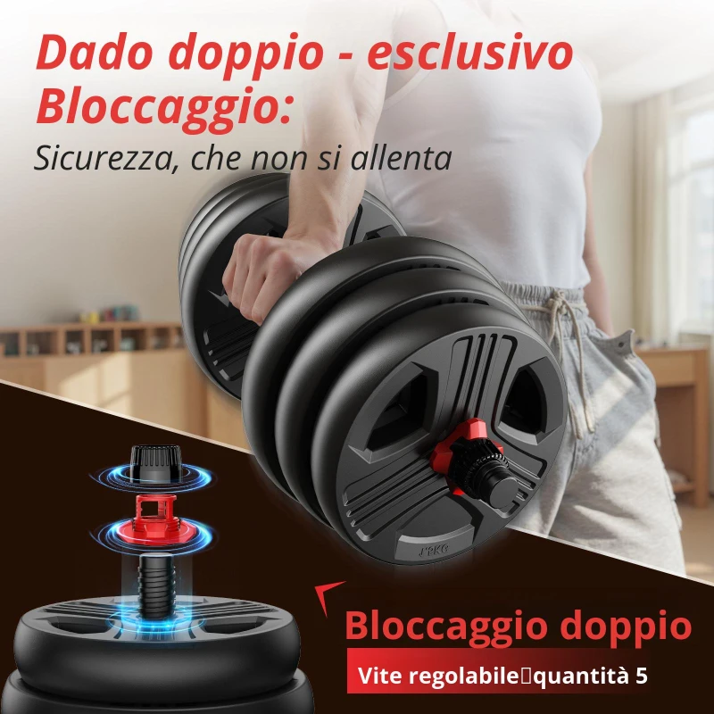 Set di manubri regolabili 5‑in‑1, set da 2, assorbente agli urti, che protegge il pavimento, antiruggine e inodore, 40,5x30,5x16 cm, Nero