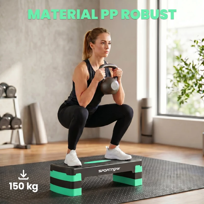SPORTNOW Stepper aerobic reglabil, cu extensii pentru ridicare, platformă step aerobic pentru antrenamente acasă, fitness, cardio și forță, pentru bărbați și femei, înălțime 10/15/20cm, verde