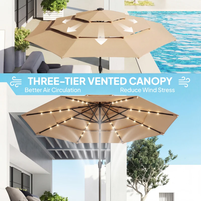 Outsunny 2.8 m Garden Parasol Umbrella with LED Solar Light, Parasol Cover, 3 Tier Outdoor Table Market Patio Umbrella, Khaki