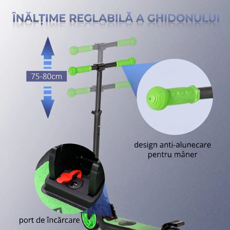 HOMCOM Trotinetă Electrică Pliabilă pentru Copii 6+ Ani cu Înălțime Reglabilă, 71x36.5x75-80 cm, Negru și Verde