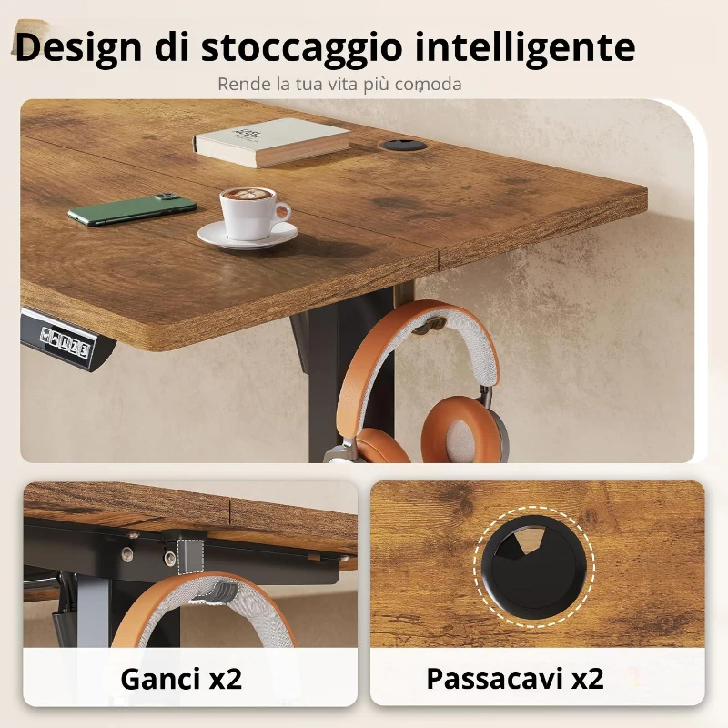 Scrivania regolabile in altezza elettricamente, motore silenzioso con memoria a 3 posizioni e sistema anti-collisione, 120L x 60P cm, 120x60x72-120 cm, Marrone