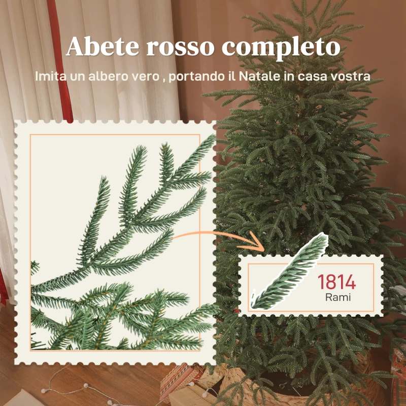 HOMCOM Albero di Natale Artificiale da 180 cm e Ignifugo con 1814 Rami Realistici, Base in Metallo Pieghevole