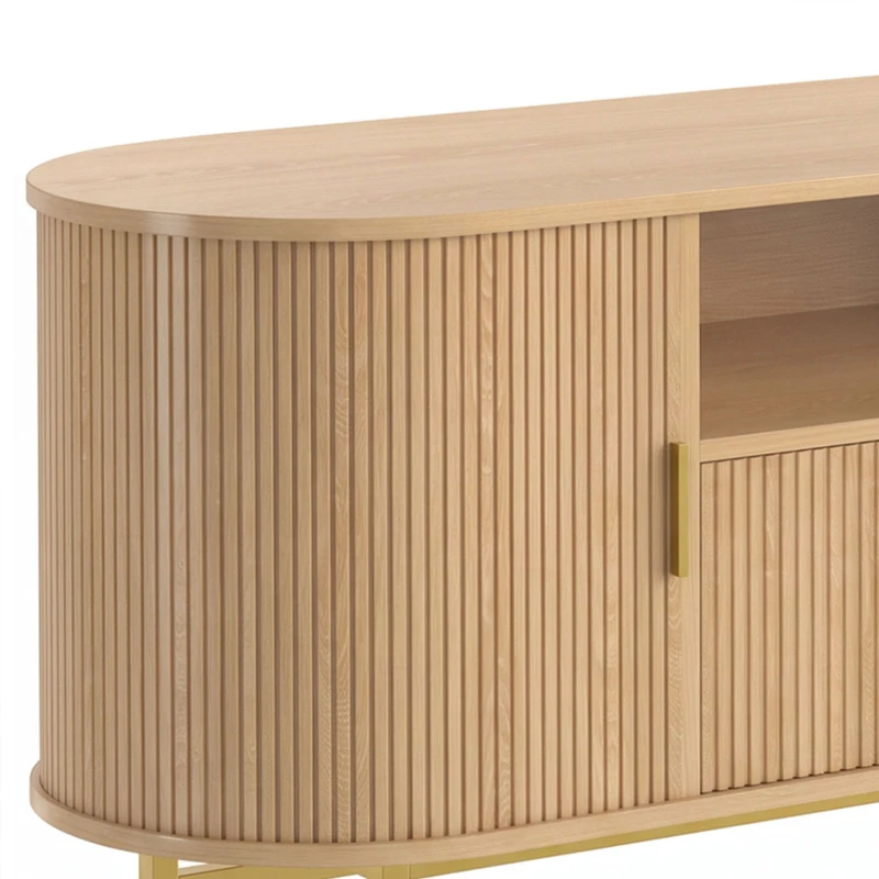 HOMCOM Meuble TV 140 cm avec 2 Prises et 2 Ports, Meuble Télé pour 84 Pouces, 2 Portes Battantes, 2 Portes Coulissantes, Chêne