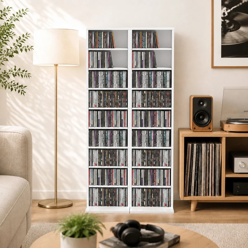 HOMCOM CD-/DVD-rek, 9 niveaus, smal staand rek met 6 verstelbare planken, voor 260 cd's, wit