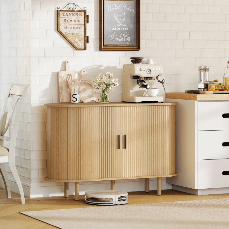 HOMCOM Aparador con Puertas Tambour Deslizantes 4 Compartimentos y Patas de Madera 120x40x78 cm Roble