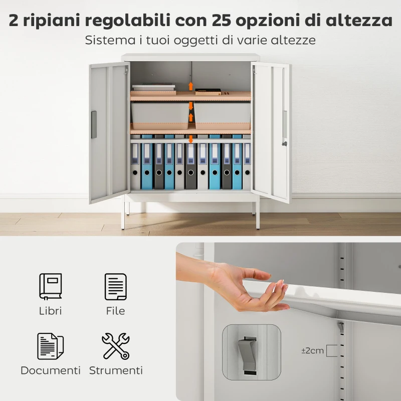 HOMCOM Armadietto da Ufficio in Acciaio a 2 Ripiani Regolabili con Serratura e 2 Chiavi, 80x40x100 cm, Bianco