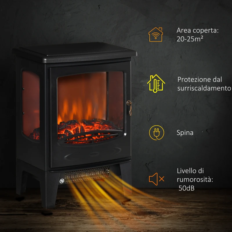HOMCOM Camino Elettrico Effetto Fiamma e 3 Lati Aperti, Temperatura Regolabile 900W-1800W, Protezione da Surriscaldamento, Copertura 20-25m², 39x26x54.8cm, Nero