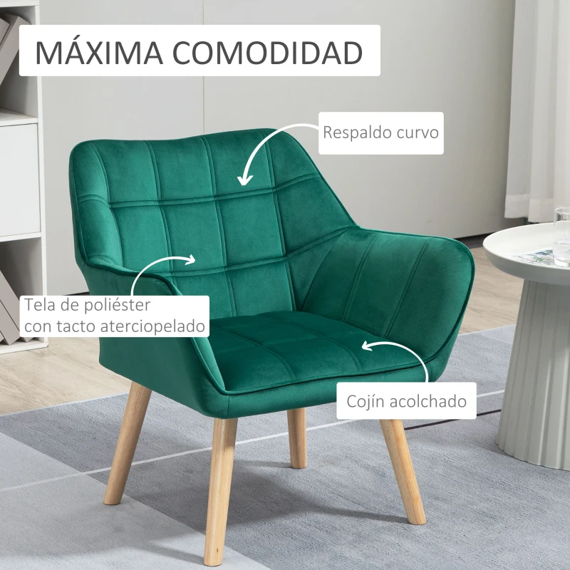 HOMCOM Butaca de Salón Moderna Tapizado en Terciopelo con Patas de Madera Sillón Relax para Sala de Estar Verde