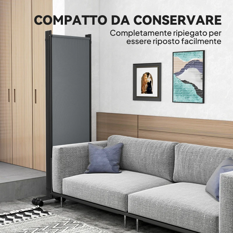 Outsunny Paravento da Esterno e Interno a 4 Pannelli Pieghevole con Ruote, 221x50x172cm, Grigio Scuro