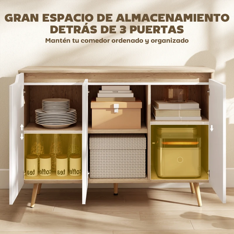 HOMCOM Aparador de Salón con 3 Puertas Estantes Ajustables Patas de Madera para Cocina Entrada 107x35x76,5 cm Roble y Blanco