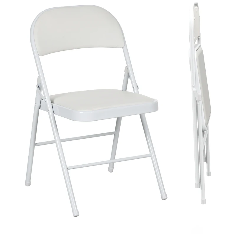 HOMCOM 2-delige Set Opklapstoelen, Draagbare Bureaustoelen, Metalen Poten, Opvouwbare Stoel voor Kantoor, Receptie, Wachtkamer, Kunstleer, Wit