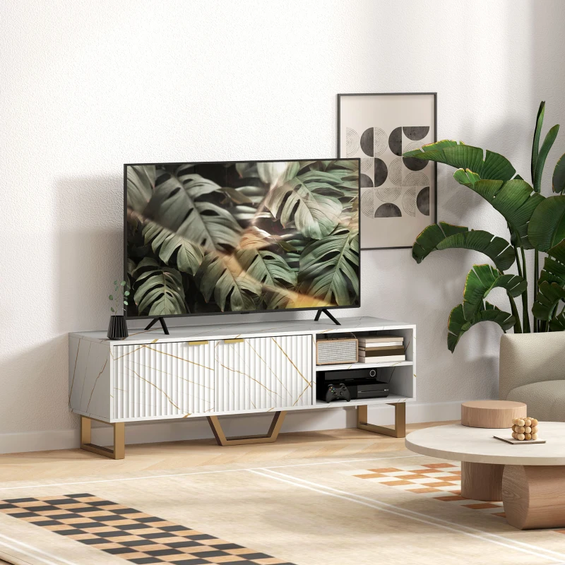 HOMCOM Marble Effect TV Unit, Modern TV Stand Cabinet for up to 70" TVs, with Shelves and Storage Cupboard, Fluted Door, Extra Centre Leg, Cable Management for Living Room, White