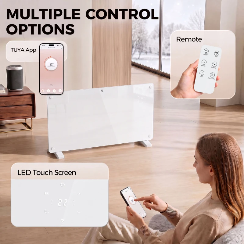 HOMCOM 1500W Smart Panel Heater Wall Mounted & Freestanding, Electric Heater with Weekly Timer, Open Window & Anti-Frost, White