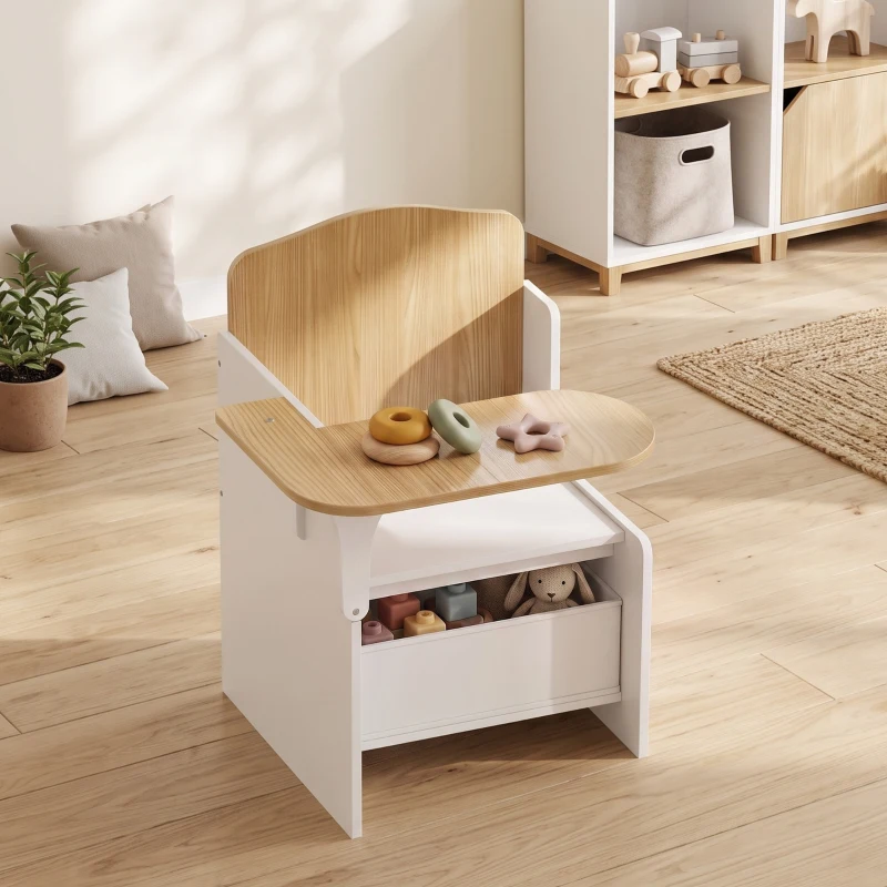 AIYAPLAY Ruimtebesparende 2-in-1 kindertafel met stoel en opbergruimte, wit, voor kinderen van 3-5 jaar