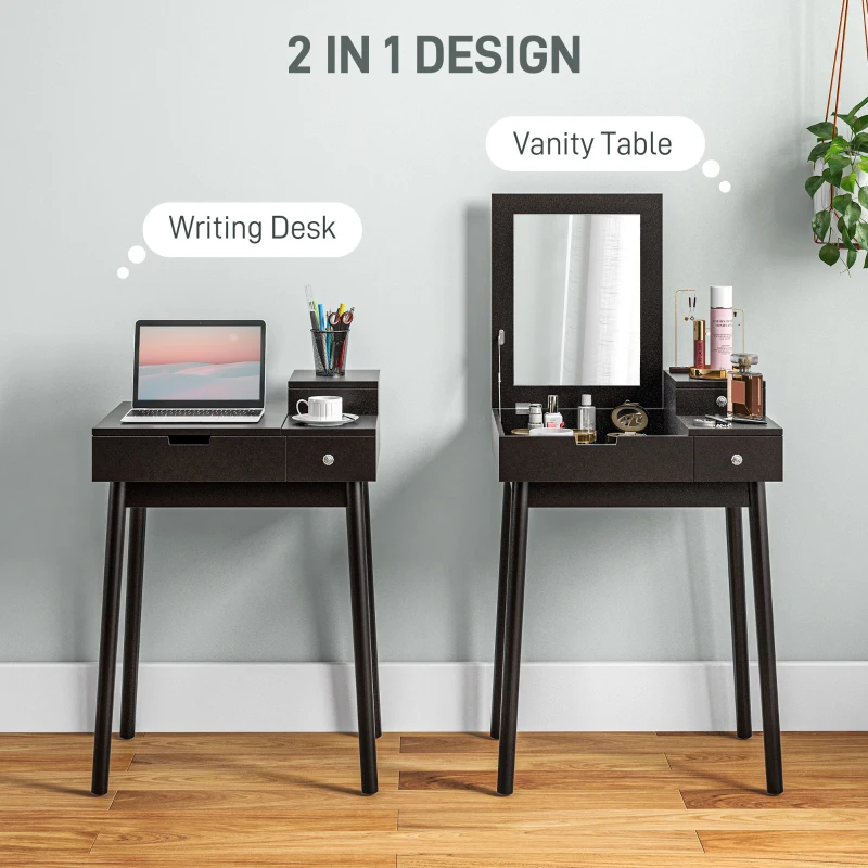 HOMCOM Dressing Table with Flip-up Mirror, Makeup Desk with 2 Drawers and Pine Wood Legs, Vanity Table Writing Desk for Bedroom Living Room, Black