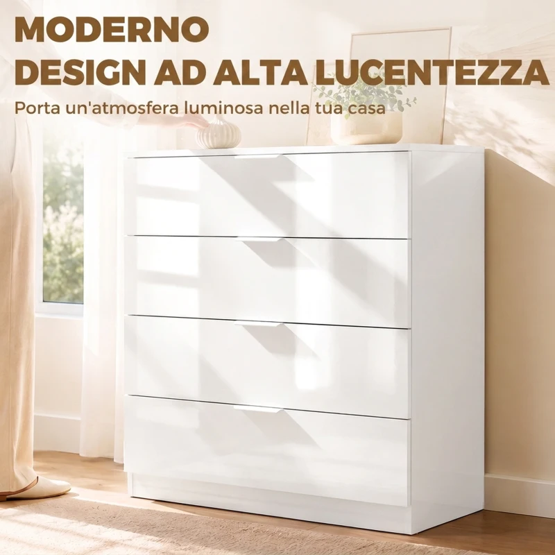 HOMCOM Cassettiera 4 Cassetti Moderna con Guide Scorrevoli, 70x34x79 cm, Bianco Lucido