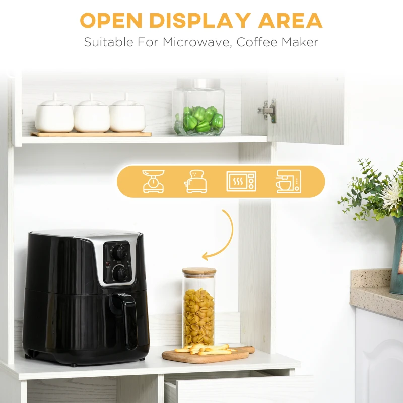 HOMCOM Tall Kitchen Cupboard, Kitchen Cabinet with Doors, Shelves, Drawer and Open Countertop, Storage Cabinet for Living Room, Dining Room, White