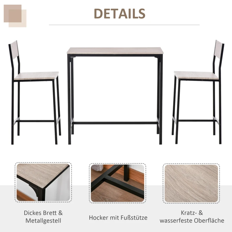 HOMCOM Bartafel met 2 stoelen 3-delige tafelset barstoel barkruk MDF naturel zwart(m-4)