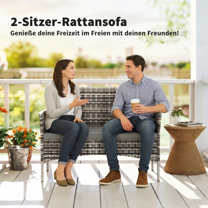 Outsunny 2-Sitzer Rattan Gartensofa PE-Rattan Outdoor-Terrassen-Sofa mit Polster, Anti-Rutsch-Matten, Stahlrahmen, Hellgrau