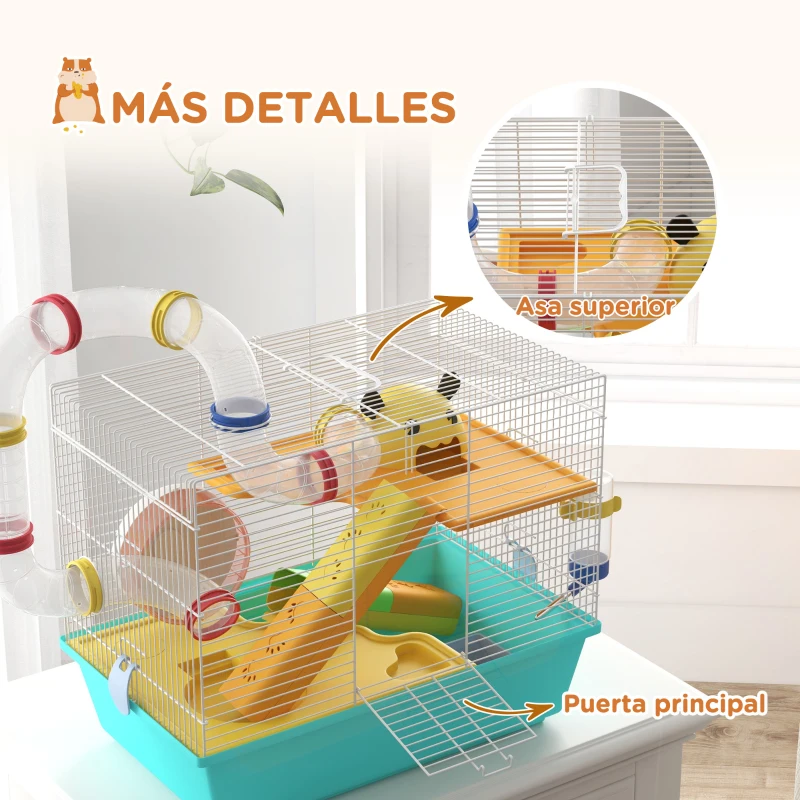 PawHut Jaula de Hámster con Túnel Plataformas Cuenco Bebedero Casita Rampas y Rueda de Ejercicio 45x28x37 cm Azul Claro