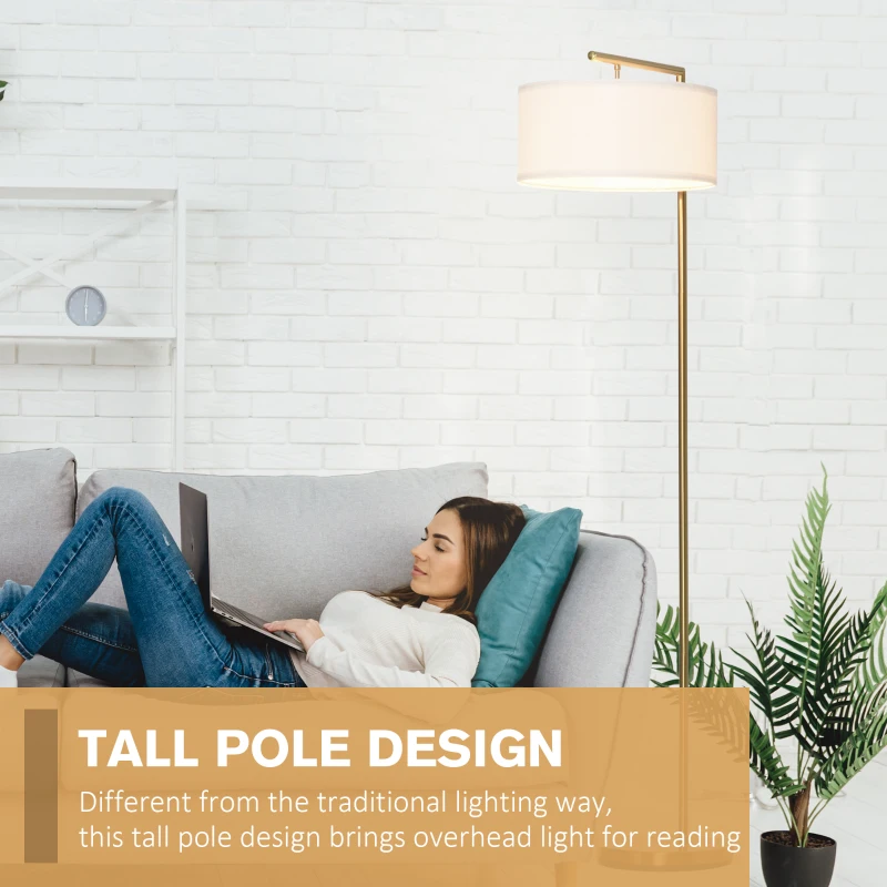 HOMCOM Floor Lamp, Modern Standing Lamp with Linen Lampshade, Round Base for Living Room, Bedroom, Dining Room, 153cm, Gold Tone and White
