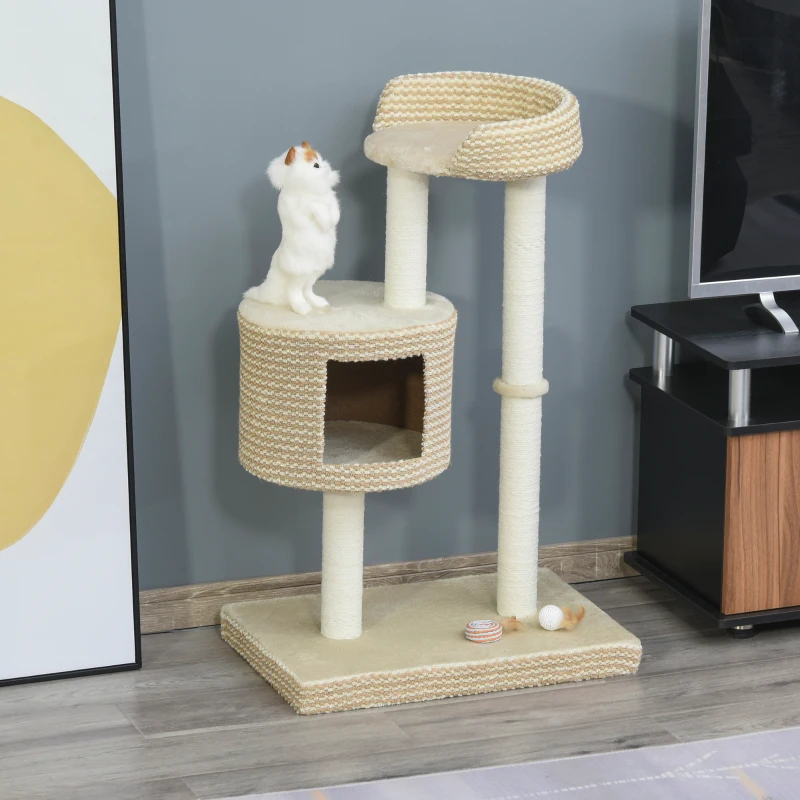 PawHut Arbre à chats style cosy chic griffoirs jute naturelle niche plateforme peluche courte bicolore beige café
