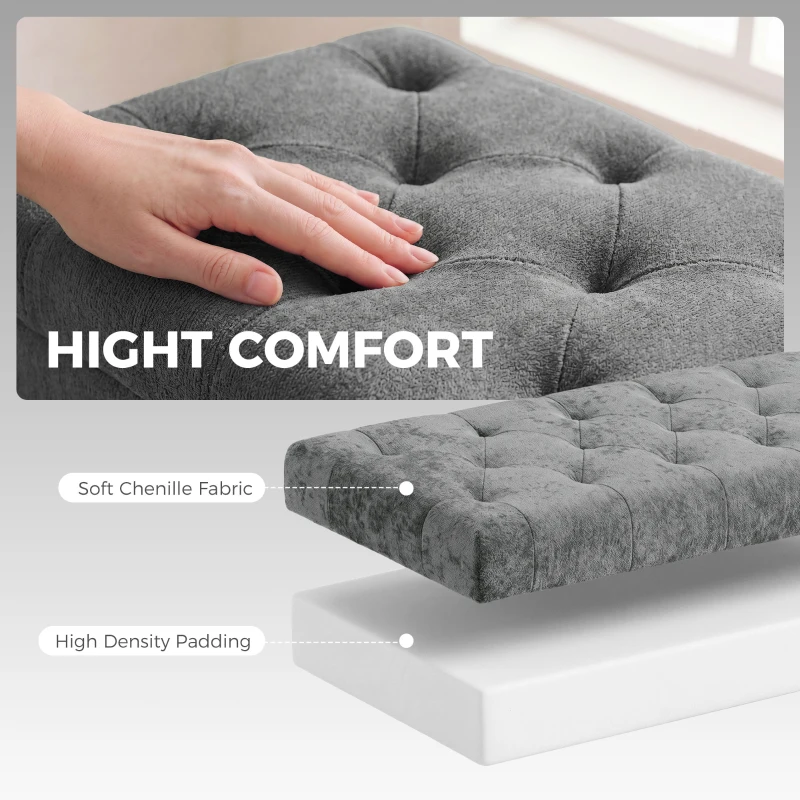 HOMCOM Storage Ottoman, Chenille Upholstered Ottoman Storage Box with Padded Seat, Metal Legs, 114 x 41 x 45 cm, Grey