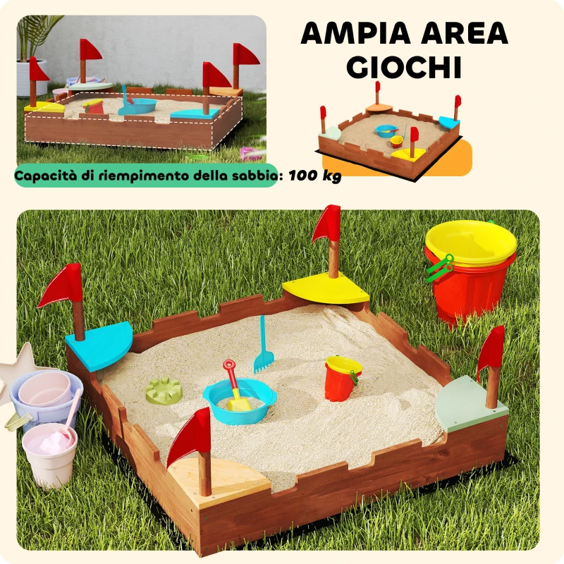 AIYAPLAY Sabbiera per Bambini 3-7 Anni a Forma di Castello con 4 Sedute in Legno di Abete, 90x90x17 cm, Multicolore