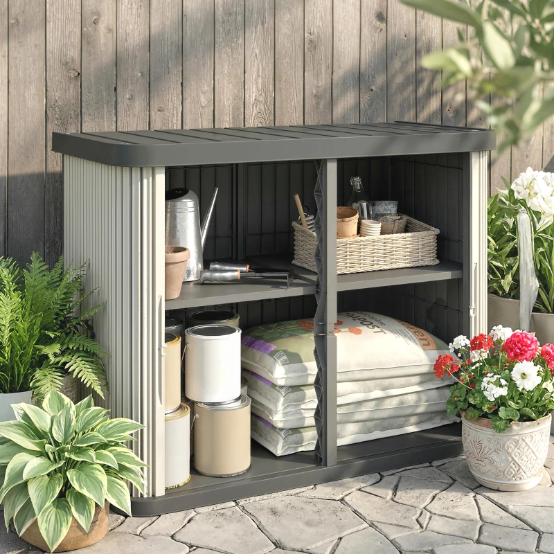 Outsunny Coffre de Rangement Extérieur 480 L, 2 Niveaux avec Portes Coulissantes Résistant aux UV, 120,5x59,5x92cm, Marron Clair