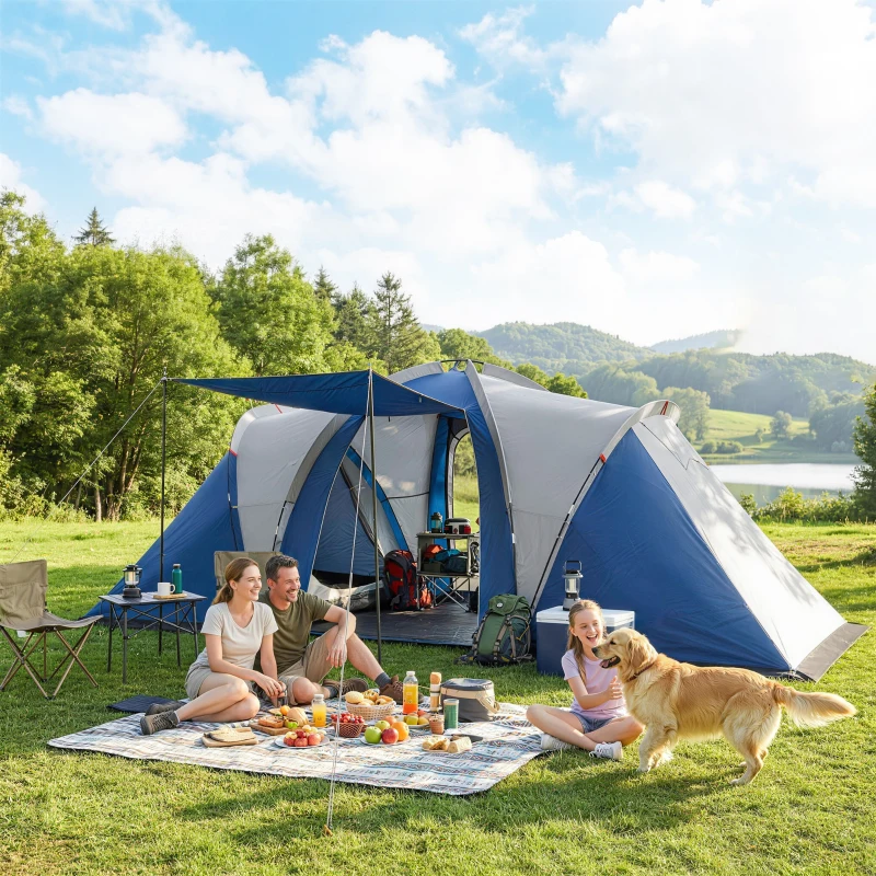Outsunny Tente de Camping Double Couche Tunnel Familiale 4-5 Personnes 2 Chambres et Séjour pour 12 Personnes Bleu