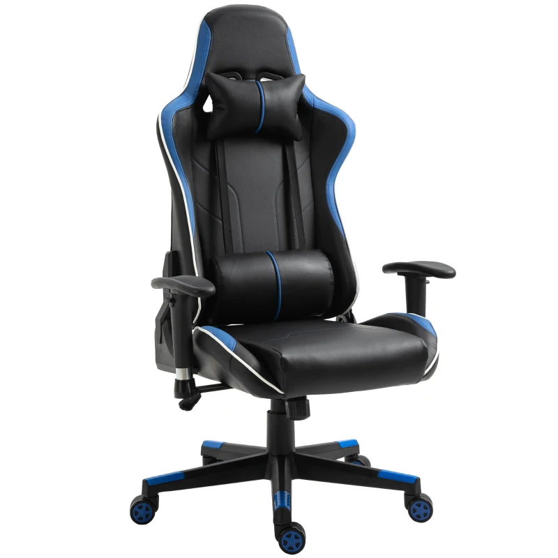 Vinsetto Poltrona da Gaming con Altezza Schienale Regolabile, Sedia Ufficio con Poggiatesta e Cuscino Lombare Nera e Blu