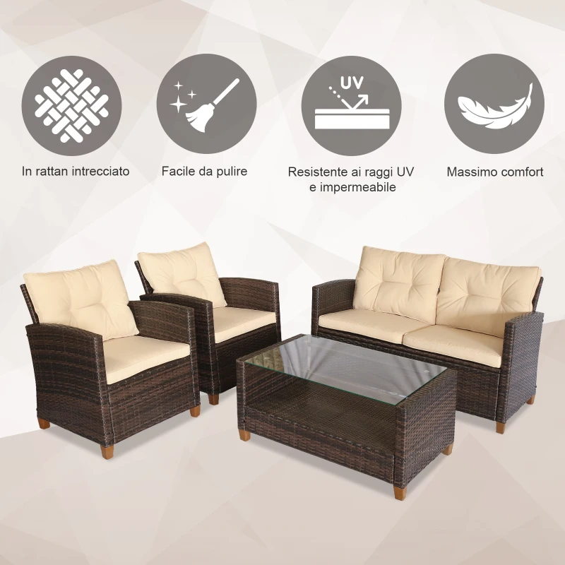 Outsunny Set Mobili da Giardino 4 Pezzi in Rattan PE e Tavolino, Divano e Poltrone Imbottiti Marrone e Beige 124x68x76cm