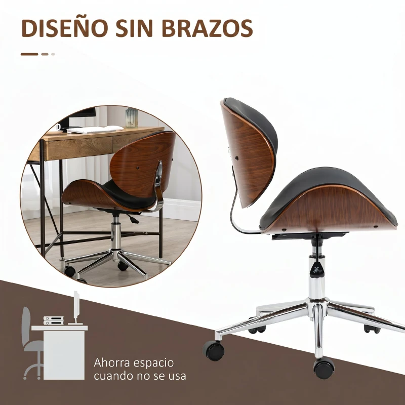 Vinsetto Silla de Oficina con Ruedas Silla de Escritorio Tapizada en PU con Asiento Ancho y Curvado Altura Ajustable Negro