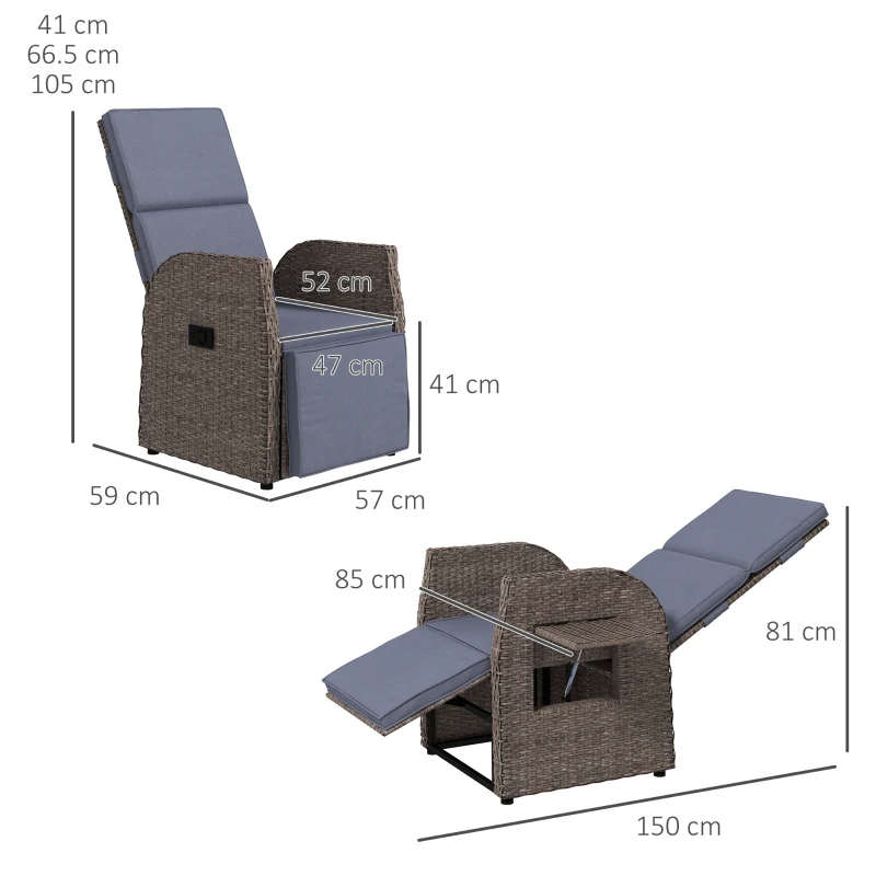 Outsunny 148° Reclining Rattan Garden Armchair, with Footrest - Brown/Grey