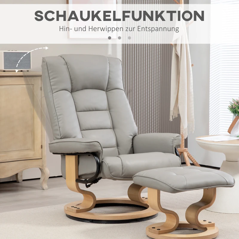 HOMCOM Relaxfauteuil met Voetenbankje, Draaibaar & Kantelbaar, Kunstlederen Bekleding, tot 150 kg, Houten Frame, Grijs