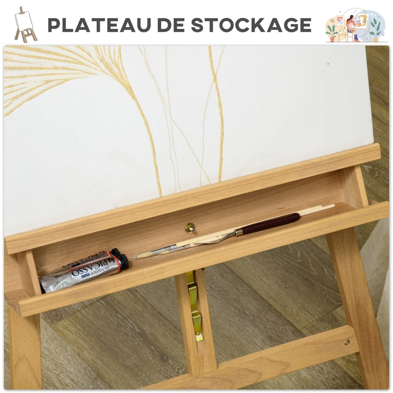 Vinsetto Chevalet de peinture pliant en hêtre avec hauteur et angle réglables, 65x110x180-235 cm, bois naturel