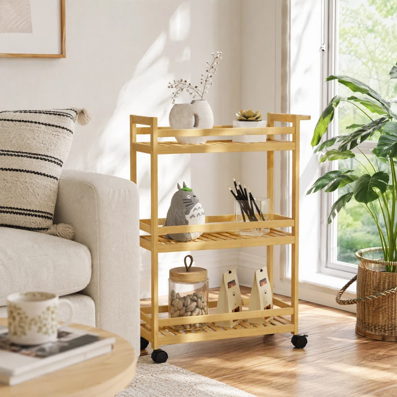 HOMCOM 3-Tier Bamboo Storage Trolley on Wheels with Handle for Kitchen, Office, Bathroom