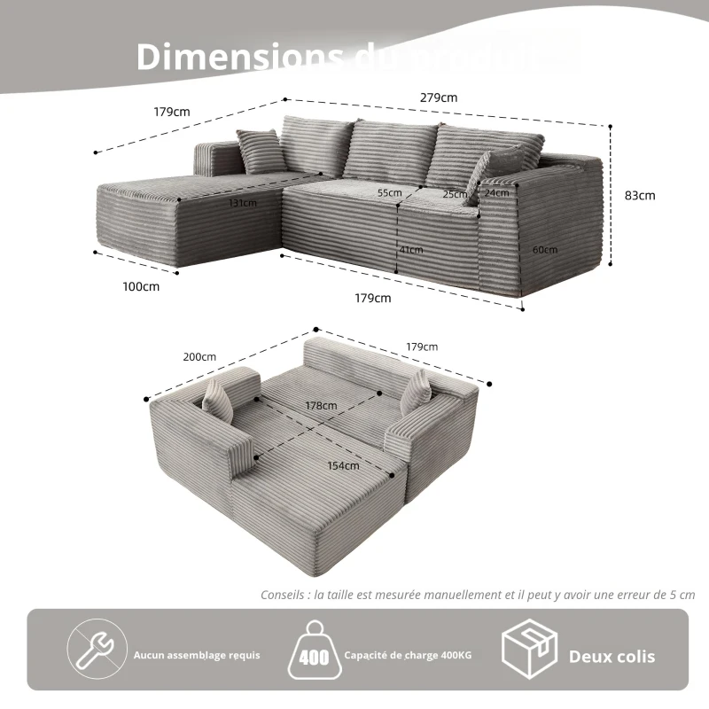 Canapé d'angle modulaire L‑avec chaiselongue, gain de place, design minimaliste, assise profonde, 279x179x83 cm, Gris