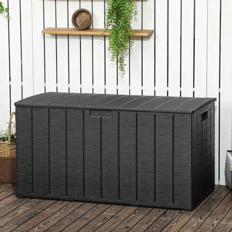Outsunny Baúl de Exterior 366L Arcón para Jardín de Plástico de Doble Pared con Ruedas y Asas 122,4x62x64,5 cm Negro